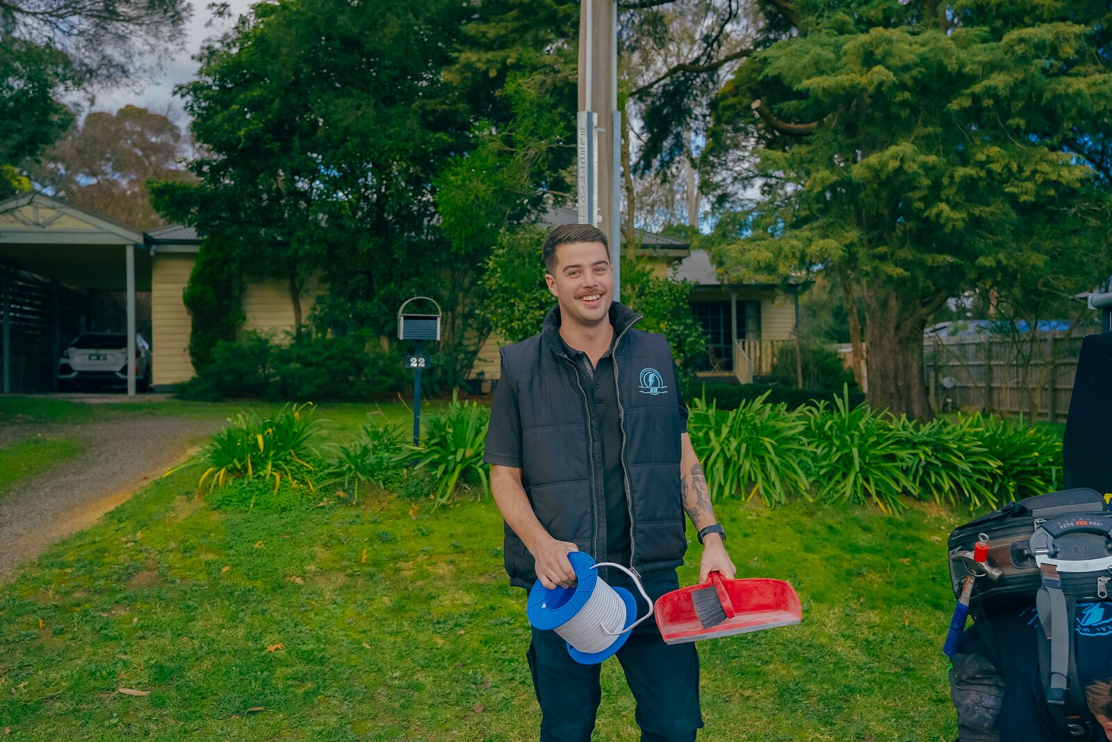 Josh Povey with cable and tools before starting a job