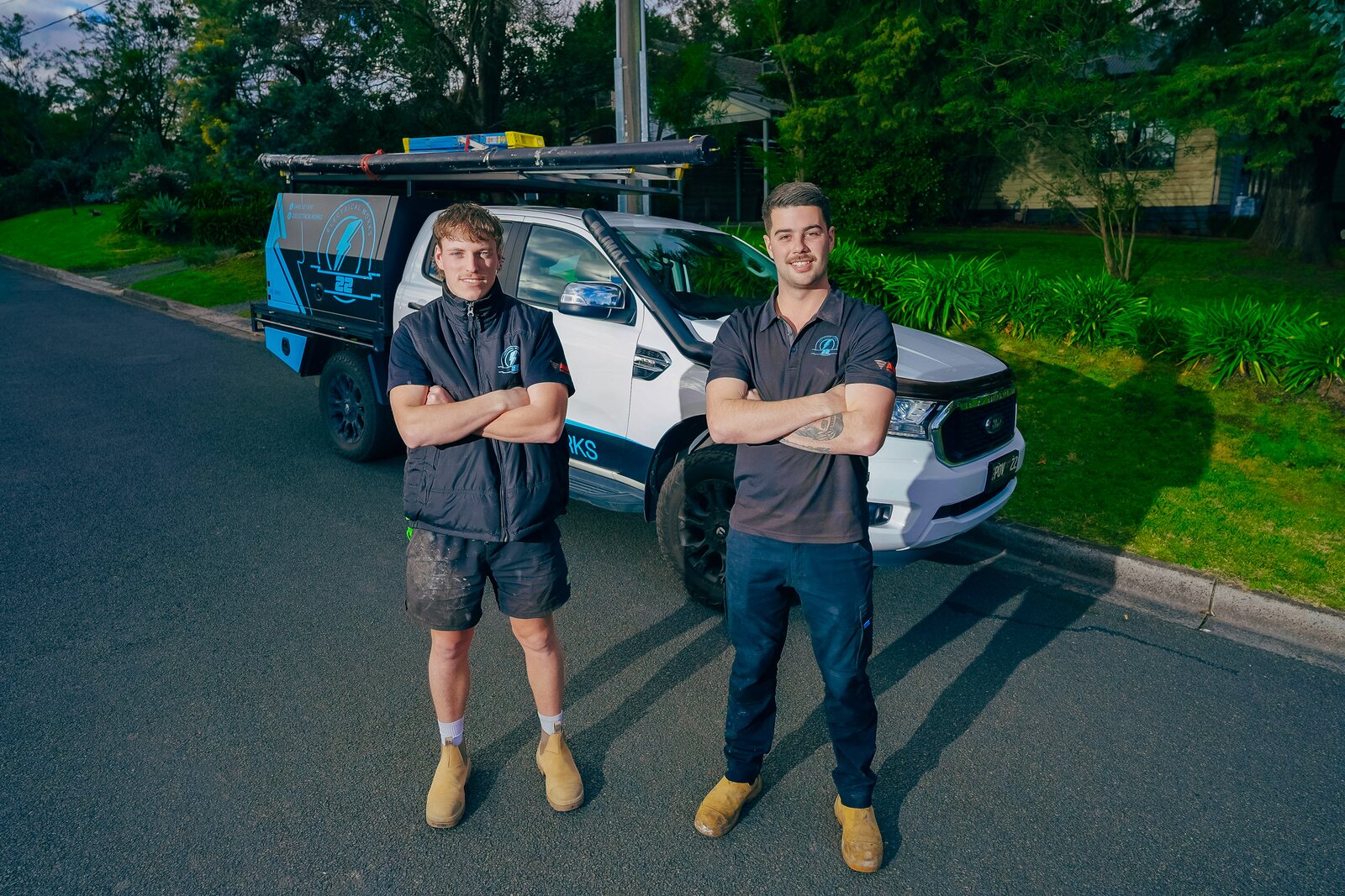 The 22 Electrical Works team with the service ute on a job in Melbourne&rsquo;s east